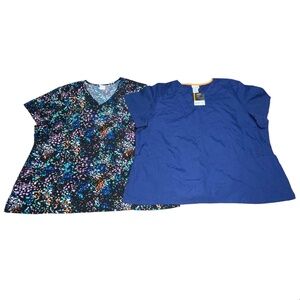 LOT of 2 Women's Plus Size 3X Scrub Tops Black Floral Navy Blue Scrubstar Nurse